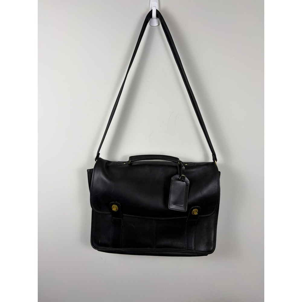 Vintage Laura Black Leather Messenger Bag USA British Brass Double Turnlock